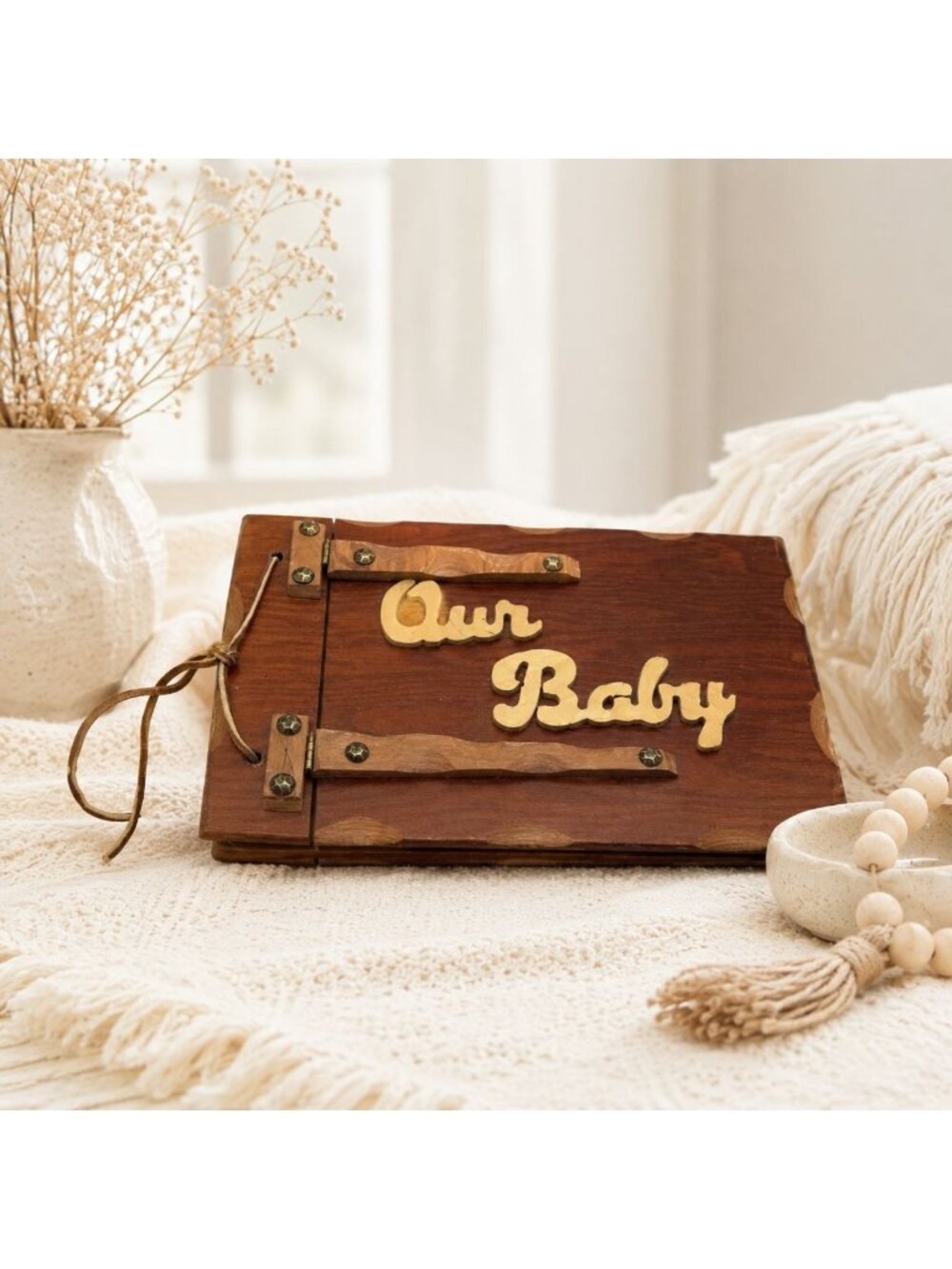 Vintage Rustic Handmade Wooden Baby Album 11.5x9" With Hinged Cover & "Our Baby"